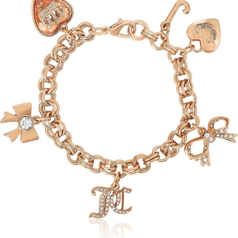 Goldtone Charm Bracelet 7-7.5in With 6 Charms Clear Stones Casual Gla